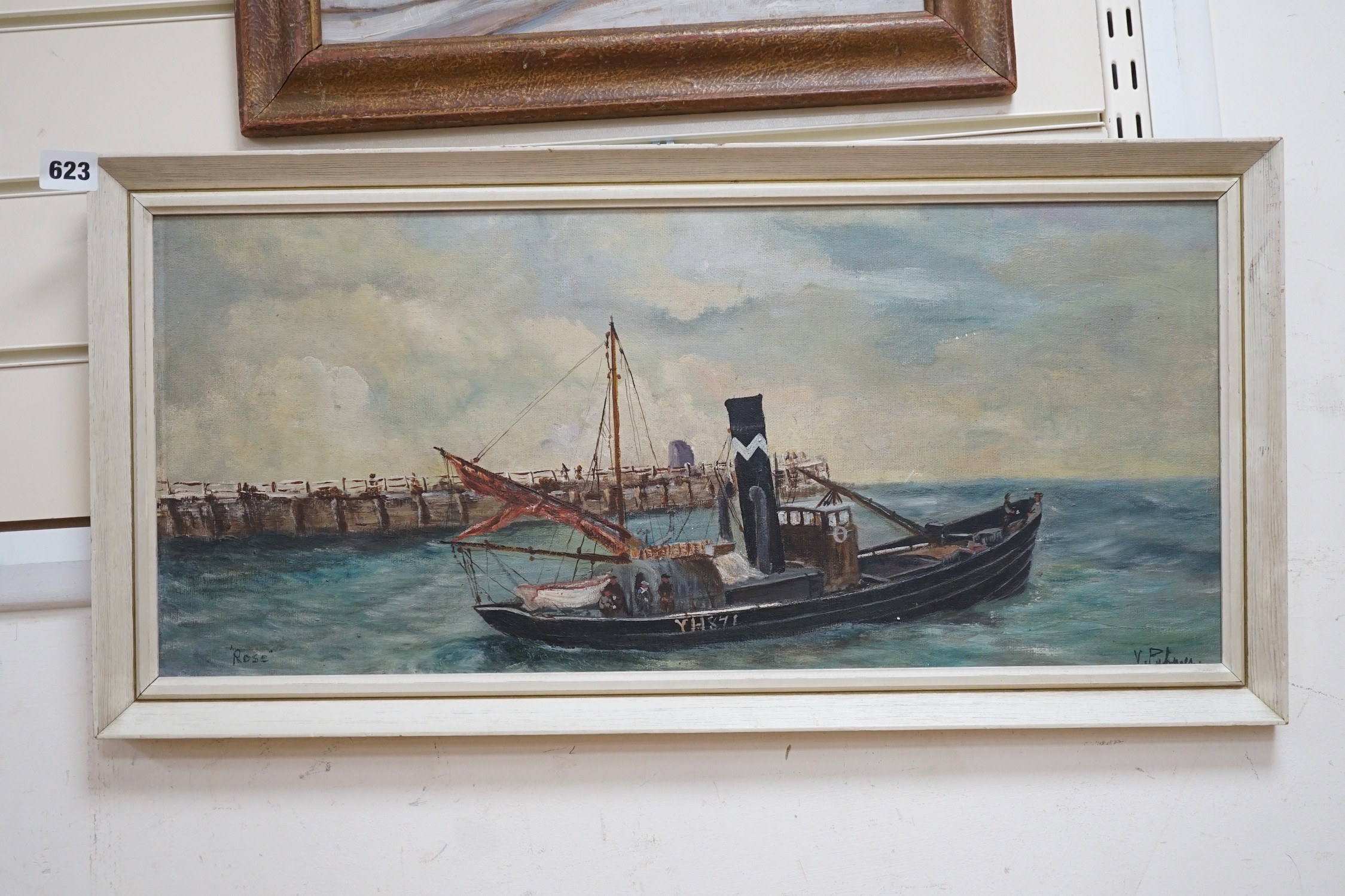 V. Pulmer, oil on board, Yarmouth fishing boat 'Rose' leaving harbour, signed, 26 x 59cm